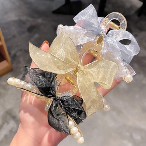 Gauze Bow Pearl Hairpin for Women Shark Hair Claw Clips Girls Hollow Resin Hairpin Simple Hair Accessories