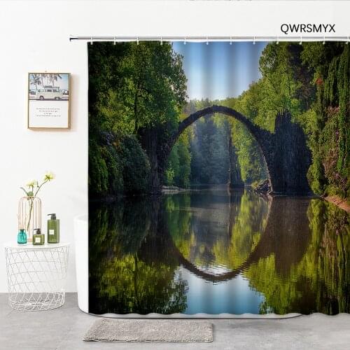 River With Bridge And Green Trees Scenery Shower Curtains Bath Curtain Home Decor Background Hanging Cloth Bathroom Accessories