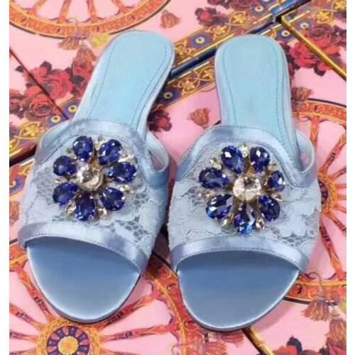 Girls Glitter Gem Rhinestone Flower Floral Lace Slipper Sandals Peep Toe Flats Leisure Crystal Lace Slide Shoes for Ladies