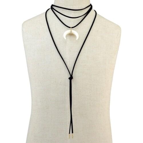 Women Black Choker Multilayers Necklace Bohemian Rope Chain Moon Pendant Pendant Leather Clavicle Punk Choker Collar Necklace