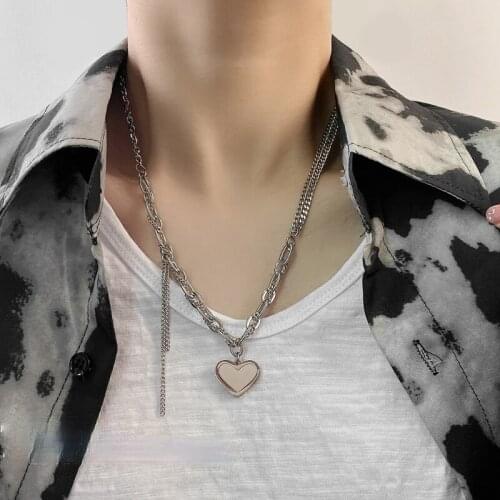 VSnow Unique Design Asymmetry Love Heart Pendant Necklace for Women Girls Double-Layer Long Tassel Chunky Chain Necklace Jewelry
