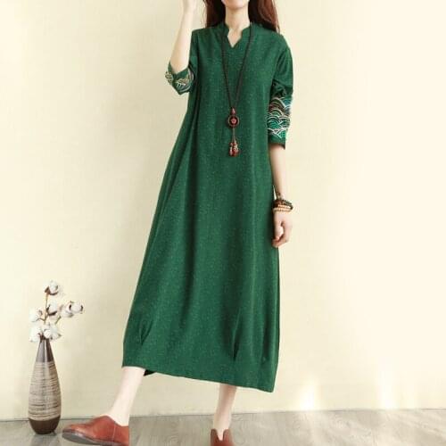 Large Size Dress Women Loose Thin Embroidery Three-Quarter Sleeve Long Dress Autumn 2020 Womens Embroidered Vestidos Mujer Q315