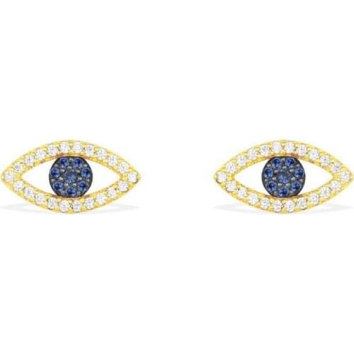 SLJELY 925 Sterling Silver 3 Gold Color Mini Evil Eyes Stud Earrings Inlay Cubic Zirconia Blue Stone Women Luxury Jewelry