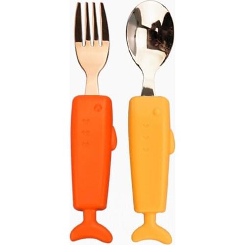 2Pcs/Set Baby Dinnerware Cartoon Shape Anti-scald Stainless Steel Children Spoon Fork Set Kid Solid Feeding Utensils