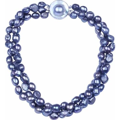 2016 fashion elegant 9-10mm real cultured grey baroque pearl necklace 3 layers sterling silver mabe clasp necklace jewelry