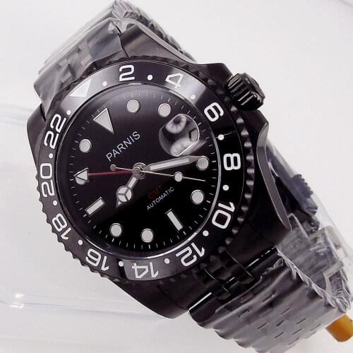 GMT Dual Time Parnis 40mm Sapphire Automatic Mens Watch Black PVD Plated Jubilee/Oyster Bracelet Rotating Bezel Date Cyclops
