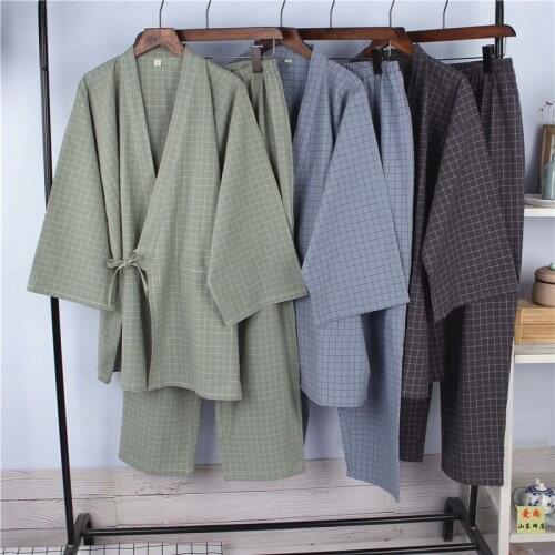 Japanese Style Robe Pajamas Cotton Linen Stripe Bathrobe Homewear Sleep Yukata for Adult Summer Thin Robes Clothing Pant Set