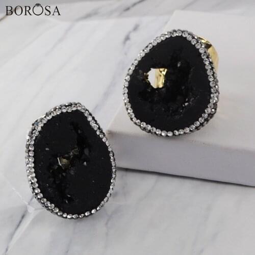 BOROSA Natural Black Agates Geode Slice Druzy Rings Gold Silver Plated Freeform Cubic Zirconia Ring Fashion Druzy Jewelry JAB970