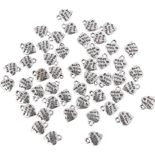 Lot 50 Silver plated MADE WITH LOVE CZ Heart Charms Pendants Necklace Beads DIY