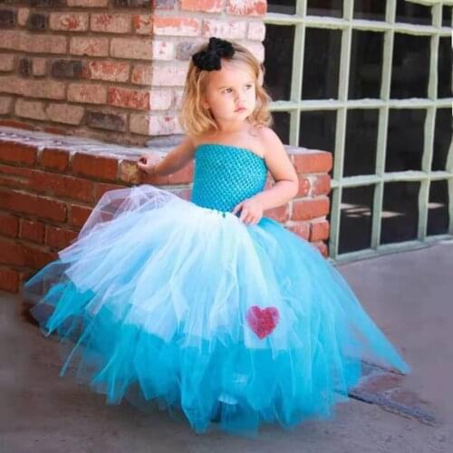 Cute Girls Blue Crochet Tutu Dress Baby Fluffy Tulle Dress Ball Gown with Red Heart and Black Hairbow Kids Party Costume Dresses