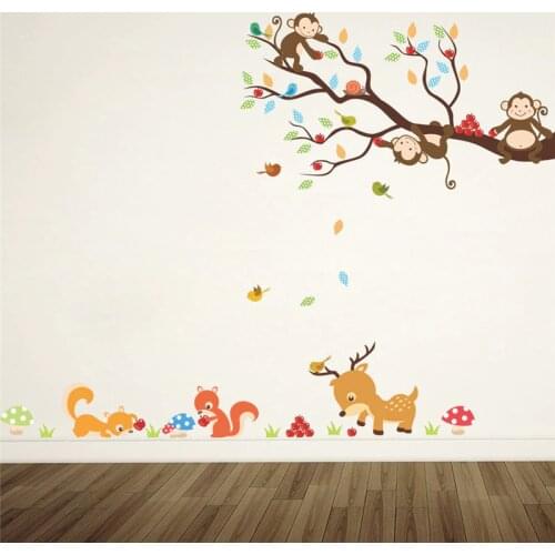 Cartoon forest tree animal monkey deer squirrel wall stickers for kids rooms children bedroom wall decal home decor mural