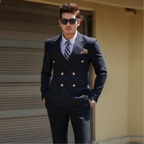 Custom Slim Fit Black Double Breasted Korean Suit Gentleman Suit Business Groom Wedding Suit for men costume homme mariage 2pcs