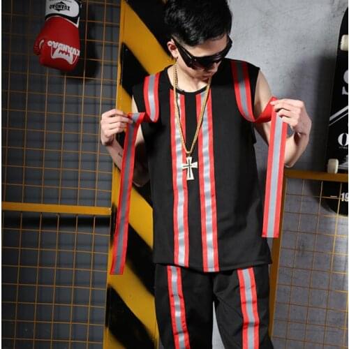 Men vest reflective strip clothing camiseta tirantes hombre personalized singer dance stage street star style dress