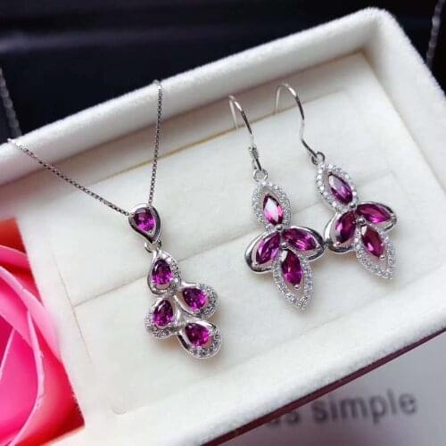 Natural Garnet Gemstone Earrings Pendant Necklace Set S925 Silver Fine Fashion Charming Wedding Jewelry For Women Free Shipping