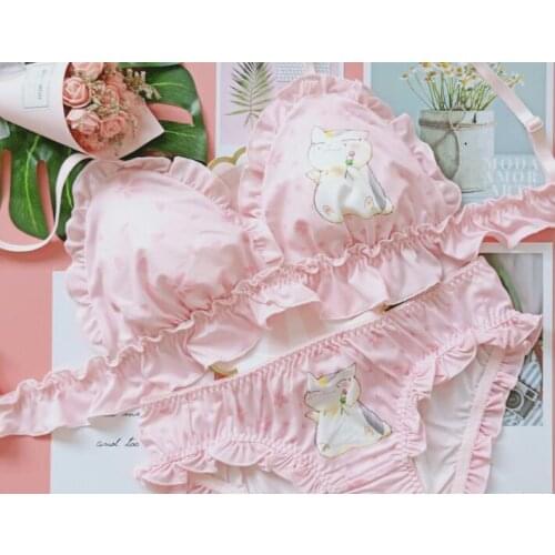 Neko Sensei Cute Cat Japanese Milk Silk Bra & Panties Set Wirefree Soft Underwear Sleep Intimates Set Kawaii Lolita Pink
