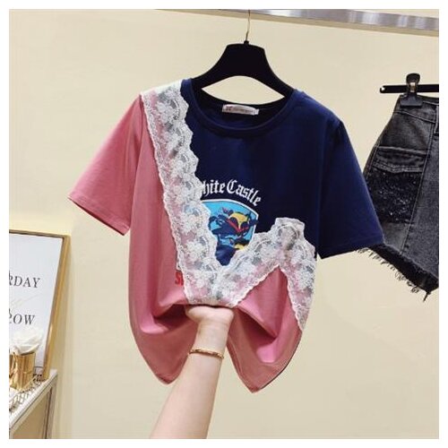 2021 New Women Summer T Shirt Joining Together Iace Short Sleeves Fashion Cotton T-shirt
