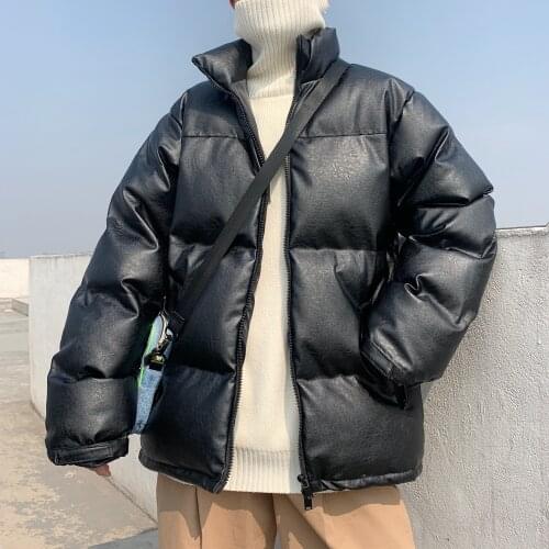 Solid Color Bread Jacket Stand Collar Cotton Padded Jacket PU Leather Jacket Hand Plug Cotton Thick Coat