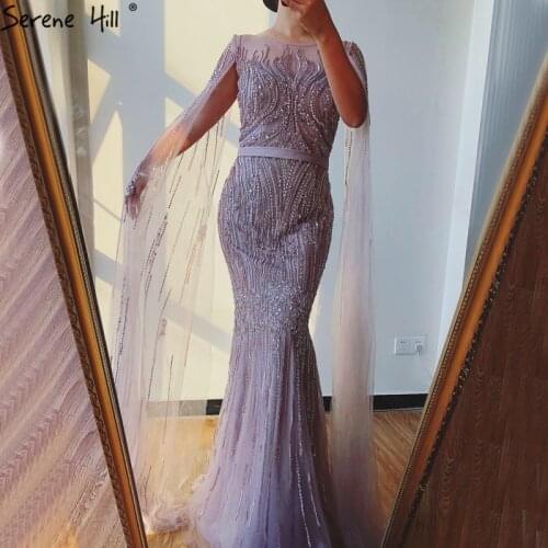 Dubai Pink Luxury Long Sleeves Prom Gowns 2020 Mermaid Sequins Beading Sexy Party Dress Serene Hill BLA70160