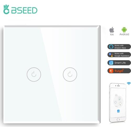 Bseed Wifi Touch Switch 2 Gang EU Standard Touch Sensor Switch Black White Golden 3 Colors With Glass Panel Work With Tuya Smart