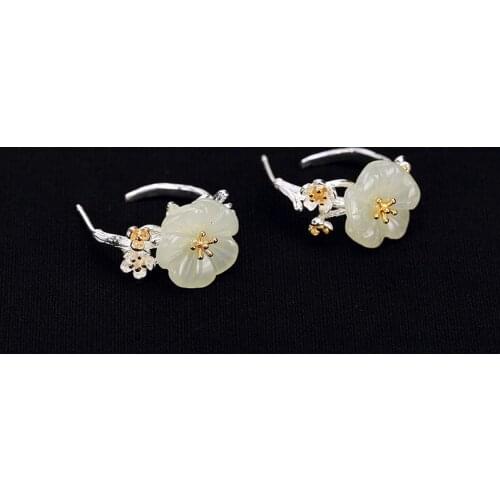 Natural 925 sterling silver inlaid hetian jade white jade flower retro earrings jewelry simple individuality for women