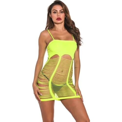 Mesh Sheer Fishnet Dresses Hollow Out Nightwear Backless Underwear 2021 New Neon Color Sexy Lingerie Dress Sleevelss