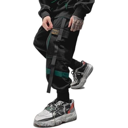 2021 Harem Pants Men Patchwork Ribbons Elastic Waist Mens Cargo Pants Fashion Casual Loose-Fit Jogger Trousers Streetwear