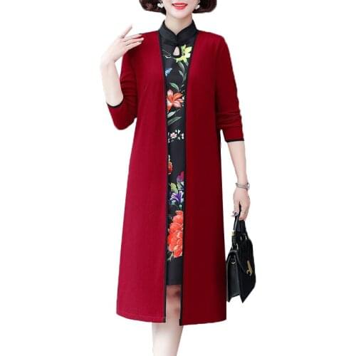 Middle-aged elderly Women Two-piece Spring Autumn print Cheongsam Dress + Long Sleeve Windbreaker Female Coat 2 piece Set Dress