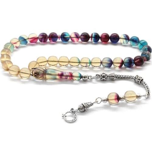 Tesbihane 925 Sterling Silver Tassels Sphere Cut Filtering Bonibon Fire Amber Prayer Beads