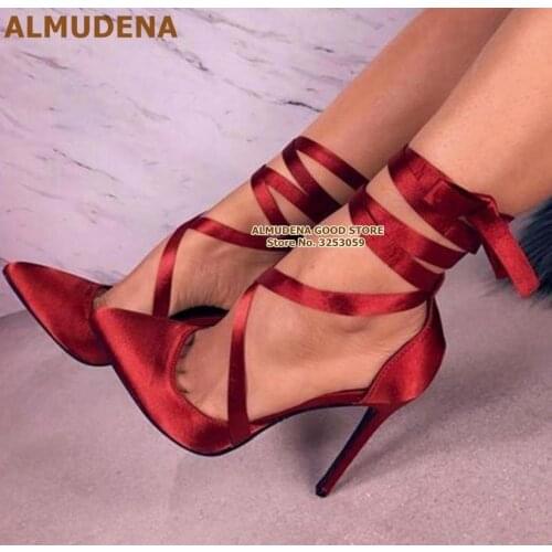 ALMUDENA Red Satin Cloth Riband Lace-up Pumps Pointed Toe Silk Fabric Cross Strappy Wedding Shoes Stiletto Heel Pumps Pink Black