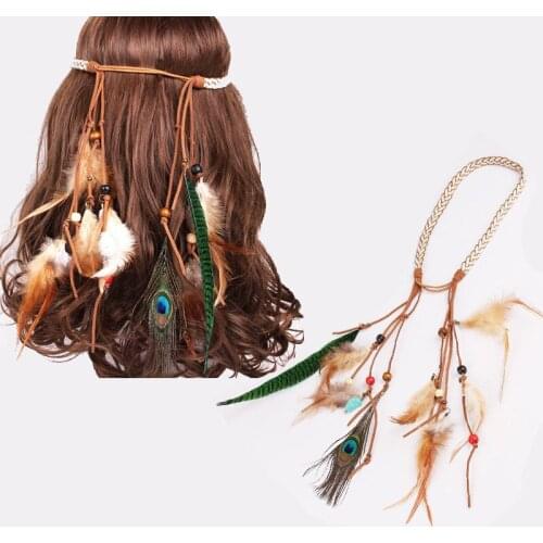 Bohemian Style Indian Feather Headband Headdress Hair Rope Headwear Tribal Hippie Handmade Hair Accessories for Women 08