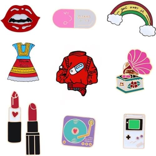 Vintage Drama Women Pink Phonograph Pill Enamel Pins Girls Lips Lipstick Cartoon Game Brooch Jackets Lapel Button Badge Jewelry