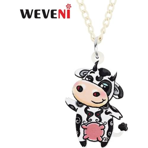 WEVENI Acrylic Cute Cartoon Cow Cattle Necklace Pendant Fashion Long Chain Unique Charms Gifts Party Jewelry For Women Girls