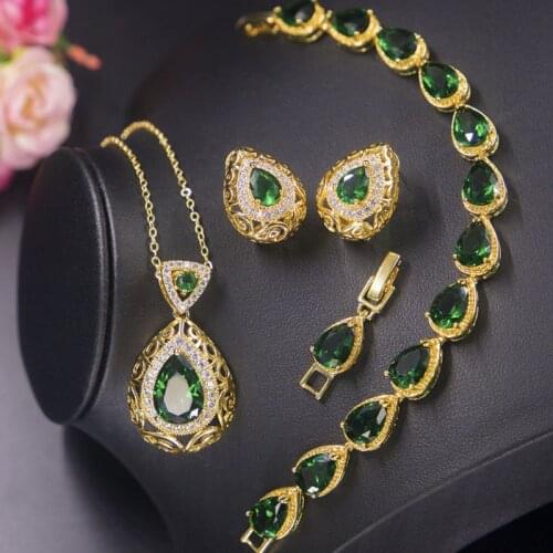 Zlxgirl jewelry Classic Water drop shape cubic zircon wedding necklace earring bracelet jewelry sets high Gold plated pendant