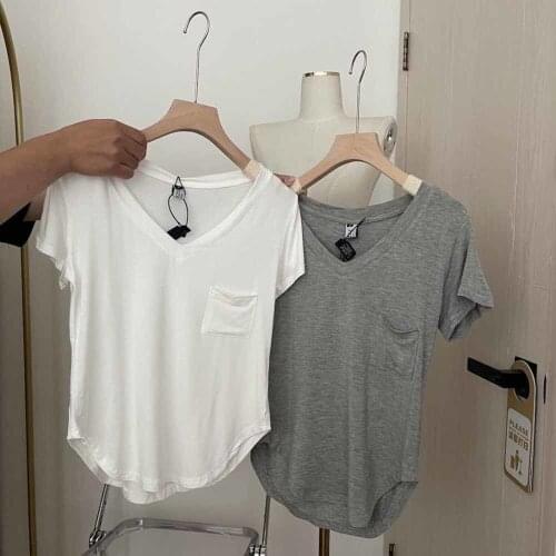 Korean Short Sleeve V-neck Slim Split Irregular Solid Color Pocket T-Shirt Top Womens Summer Tees Hot Sexy Tops
