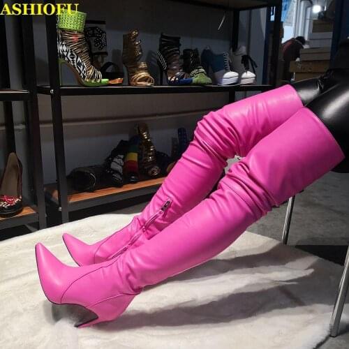 ASHIOFU Handmade Women High Heel Thigh High Boots Real Photos Wedding Party Over Knee Boots Winter Evening Fashion Long Boots
