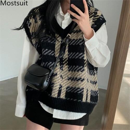 Plaid Knitted V-neck Sweater Vest Women Sleeveless Loose Vintage Korean Tops Pullovers Spring Casual Fashion Female Vest 2021