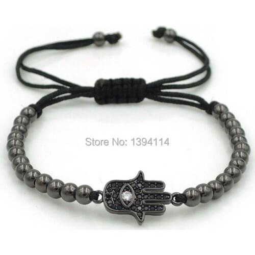 18*11*2mm Micro Pave Black CZ Evil Eye Palm Charm & 4mm Round Beads Braided Macrame Bracelet Jewelry