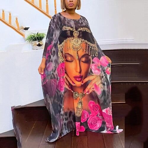 African Big Size Dress 4XL 5XL Floor Length Single Breasted Blue Prinnt For Evening Night Fashion Robe Vestidos Plus Size Cloth