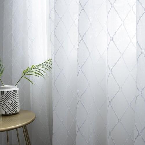 White Rhombic Sheer Curtains for Living Room Bedroom Embroidered Tulle Windows Voile Drapes Curtain Customize