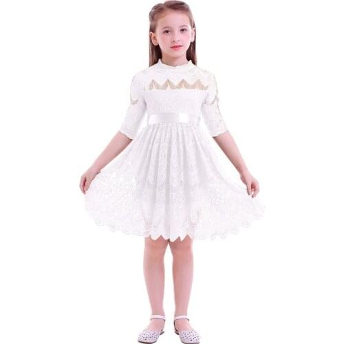 Elegant White Lace Dress for Girls Baby Kids 3/4 Sleeves Pleated Waist Belt Princess Dress Birthday Wedding Kids Girls Dress