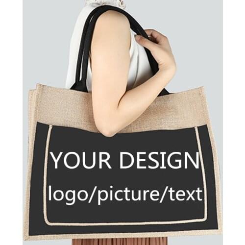 Customized Women Summer Jute Handmade Beach Bags for Grocery, Large Capacity Shopping Shoulder Tote, Daily Use Big size Handbags