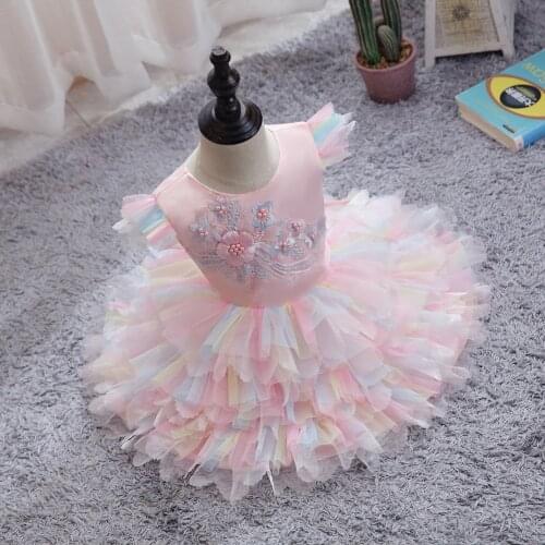 Childrens Elegant Evening Clothing Kids Layered Mesh Dress Little Girl Birthday Party Show Catwalk Pink 0-6 Years Old Costume
