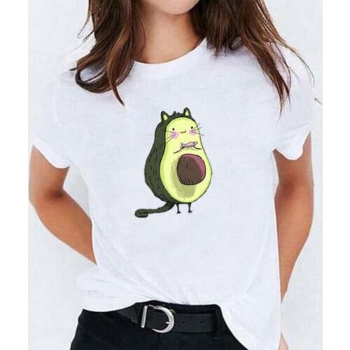 Summer Casual Short Sleeve T Shirt Women Tops Fashion Harajuku T-shirt Kawaii Avocado Cat Print Tee Shirt Femme Camiseta Mujer
