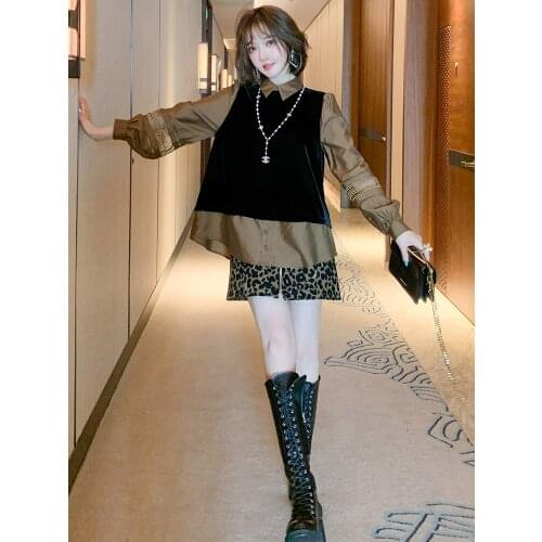 Fashion design sense fake two-piece stitching lapel hollow lantern sleeve loose shirt womens 2020 winter new