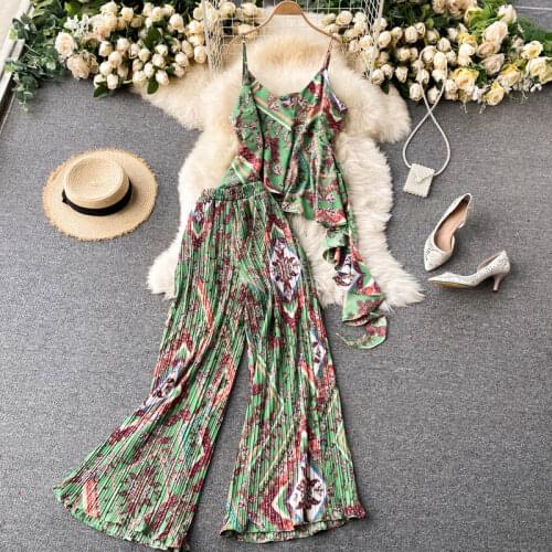 2021 Fashion Temperament European American Style Suit Two-piece Ruffled Sling Top + Pleated Wide-leg Pants C292