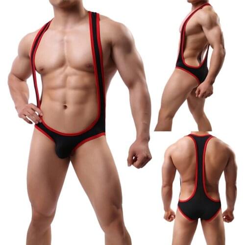 Men Bodysuits Jockstrap Stretchy One-Piece Swimsuits Leotard Wrestling Singlet Leotard Bodysuit