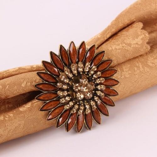 Antique Gold Plating Metal Alloy Snowflake with Amber Champagne Rhinestones Jeweled Napkin Rings Set of 6 Pieces
