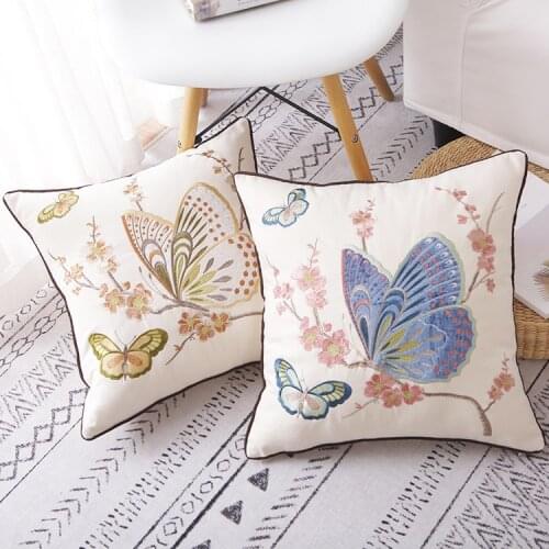 Butterfly Bird Embroidery Cushion Cover Home Decoration Cotton Canvas Flowers Pillow Cover 45x45cm Sofa PillowCase