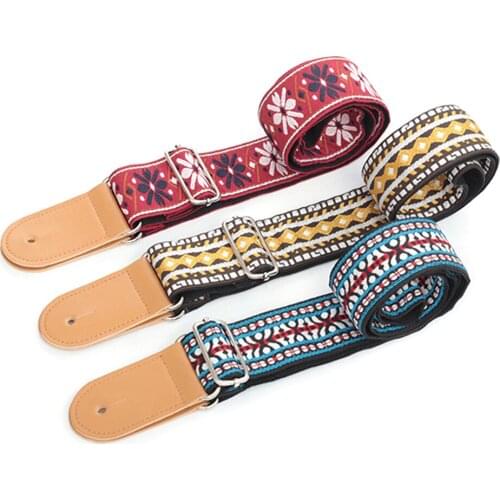 New 5 Colors Vintage Flowers Stripes Acoustic Electric Guitar Strap Woven Embroidery Fabrics Leather Ends Strap