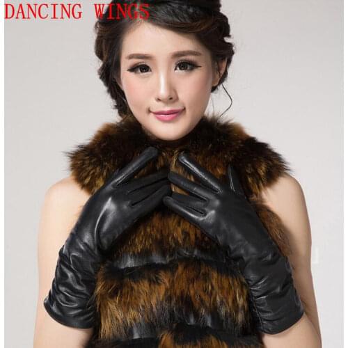 New Fashion Pleated Genuine Sheepskin Leather Gloves Women Ladies Thin Warm Cycling Gloves Guantes Invierno